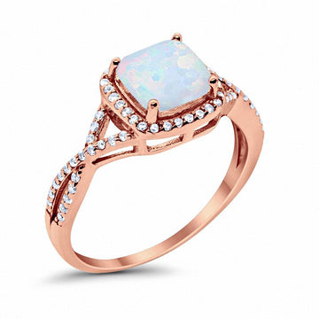 Halo Engagement Ring Rose Tone, Lab Created White Opal 925 Sterling Silver